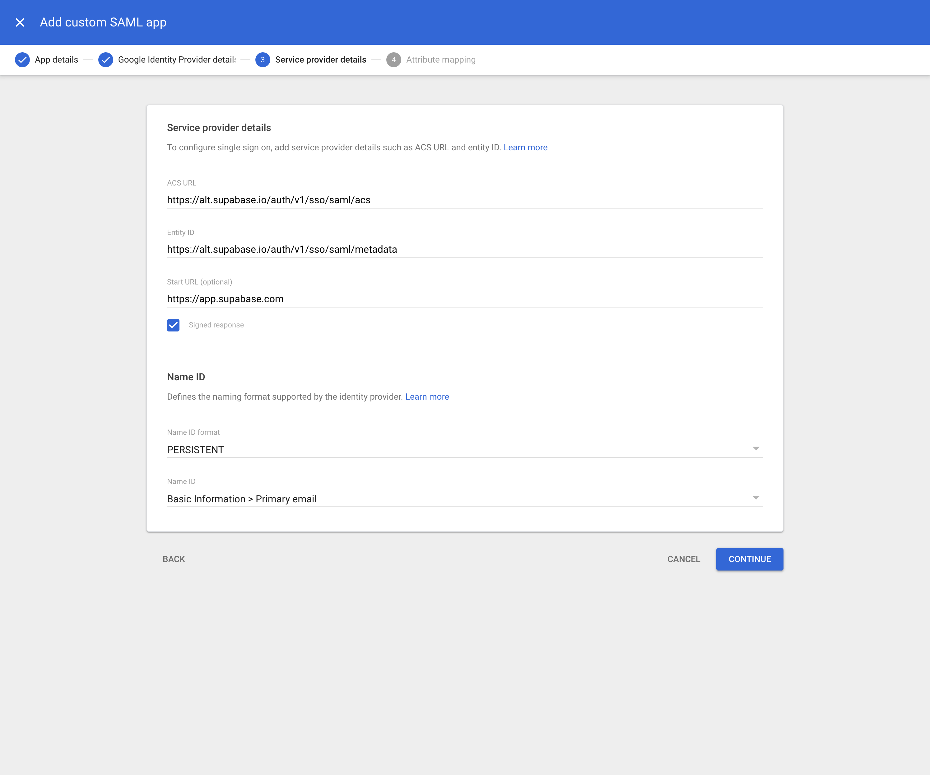 Google Workspace: Web and mobile apps admin console, Add custom SAML, Service provider details screen